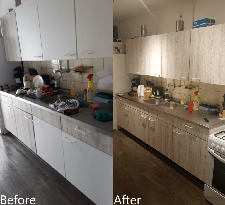 Before & after het wrappen van de keuken